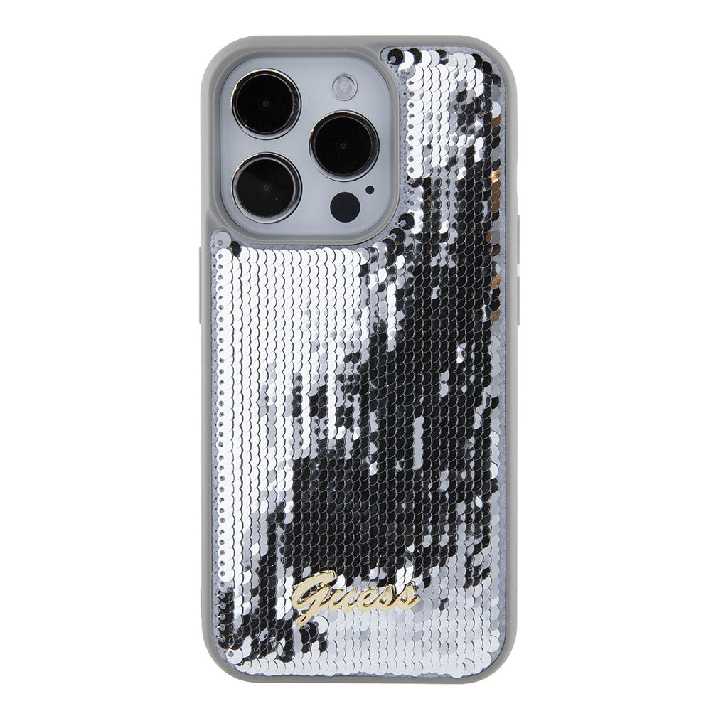 Apple iPhone 15 Pro Max Kılıf Guess Pullu Metal Yazı Logolu Sequin Script Kapak Gümüş