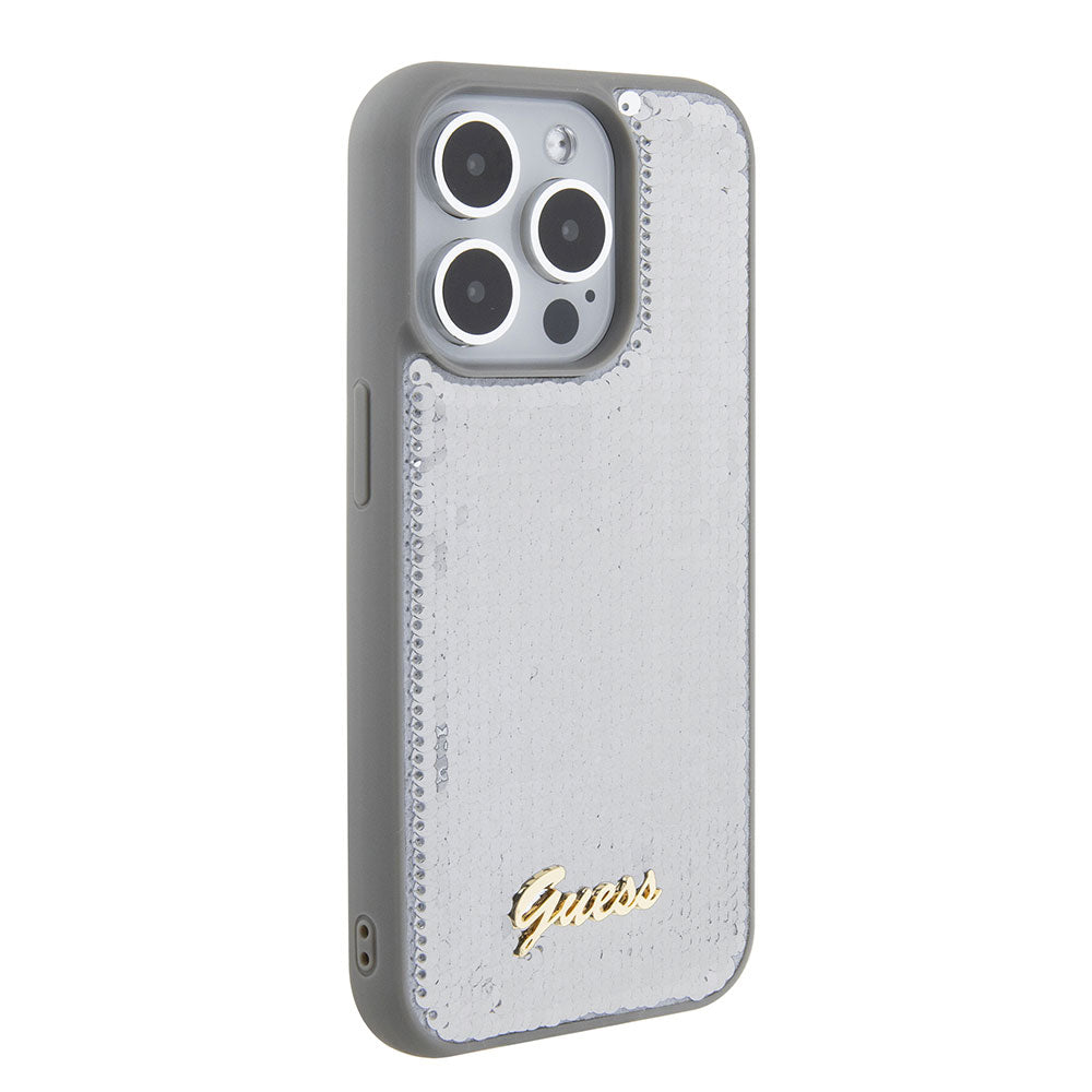 Apple iPhone 15 Pro Max Kılıf Guess Pullu Metal Yazı Logolu Sequin Script Kapak Gümüş