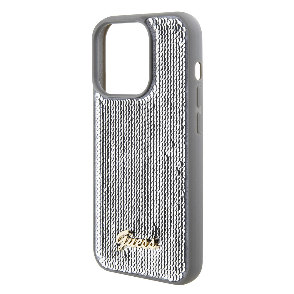 Apple iPhone 15 Pro Max Kılıf Guess Pullu Metal Yazı Logolu Sequin Script Kapak Gümüş