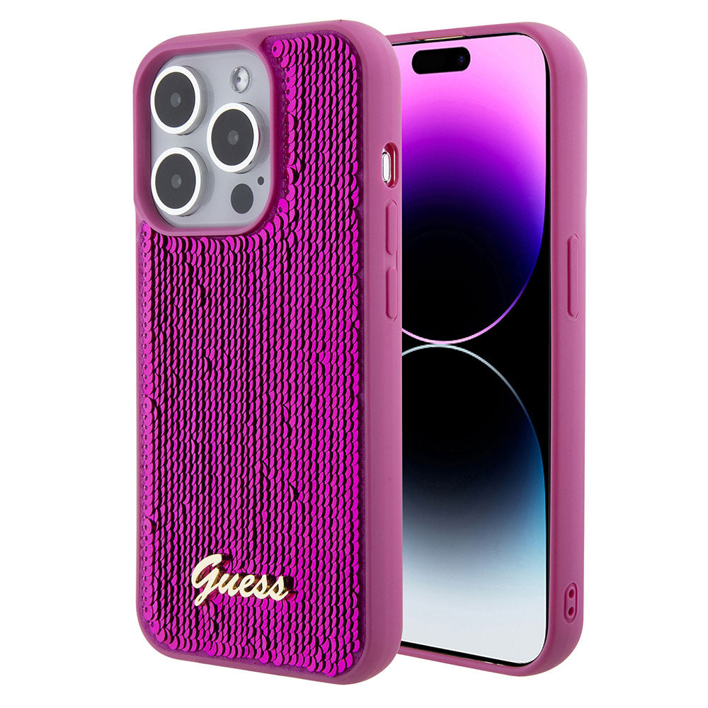 Apple iPhone 15 Pro Max Kılıf Guess Pullu Metal Yazı Logolu Sequin Script Kapak Pembe