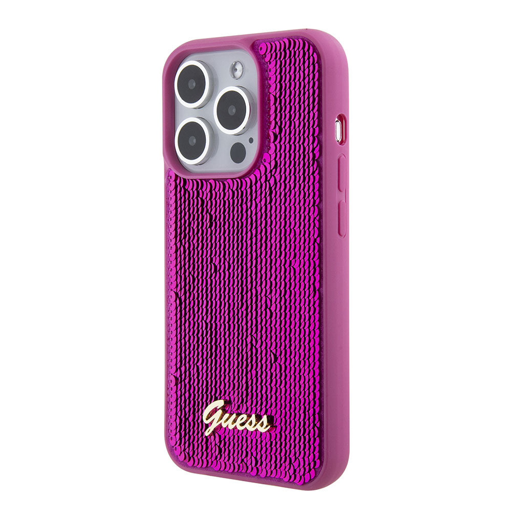 Apple iPhone 15 Pro Max Kılıf Guess Pullu Metal Yazı Logolu Sequin Script Kapak Pembe