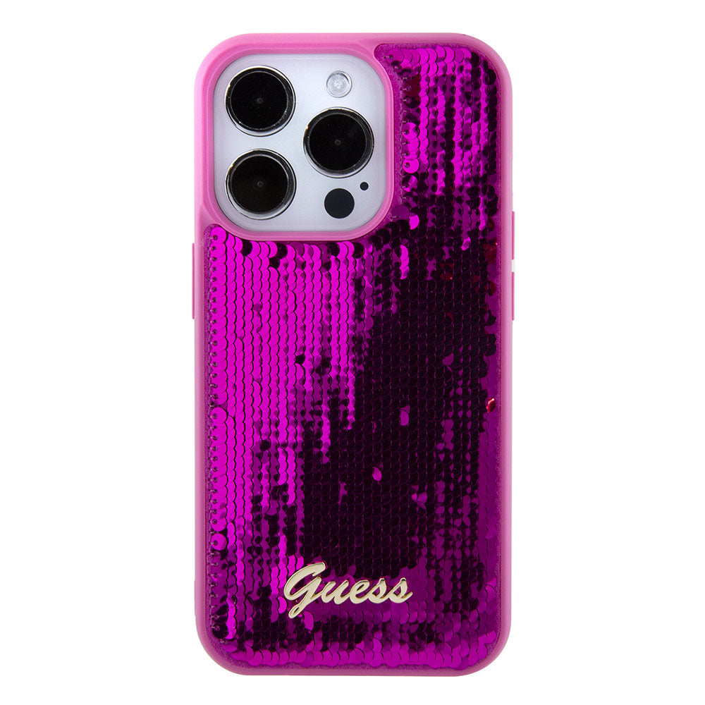 Apple iPhone 15 Pro Max Kılıf Guess Pullu Metal Yazı Logolu Sequin Script Kapak Pembe