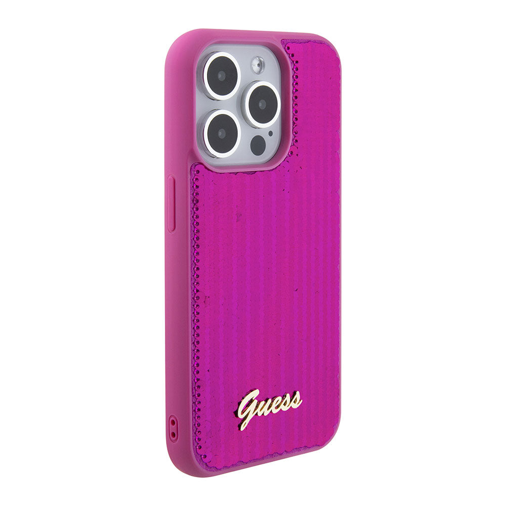 Apple iPhone 15 Pro Max Kılıf Guess Pullu Metal Yazı Logolu Sequin Script Kapak Pembe
