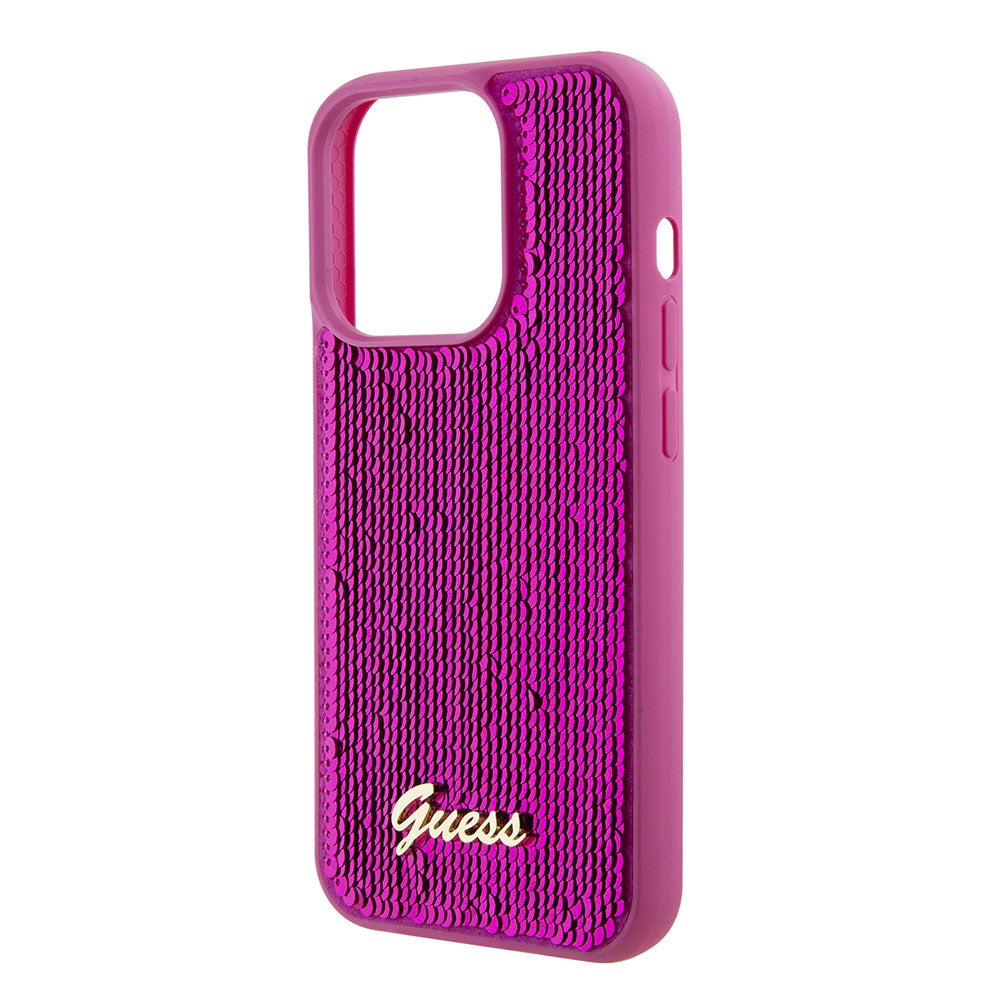 Apple iPhone 15 Pro Max Kılıf Guess Pullu Metal Yazı Logolu Sequin Script Kapak Pembe