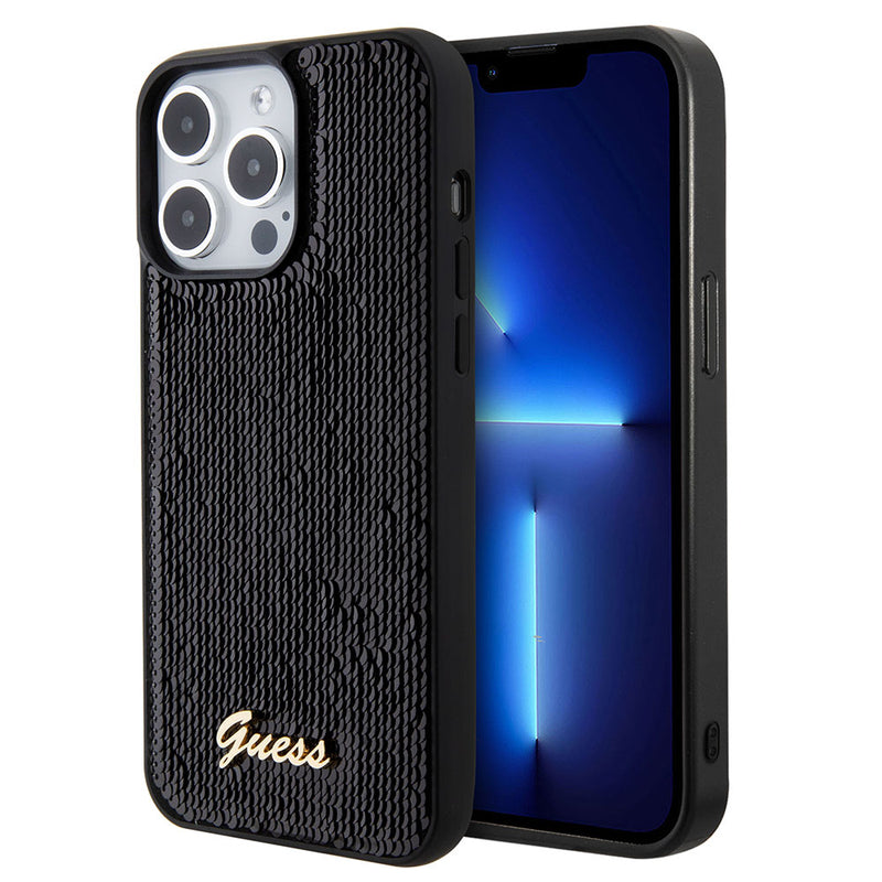 Apple iPhone 15 Pro Max Kılıf Guess Pullu Metal Yazı Logolu Sequin Script Kapak Siyah