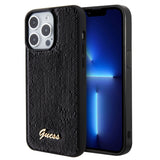 Apple iPhone 15 Pro Max Kılıf Guess Pullu Metal Yazı Logolu Sequin Script Kapak Siyah