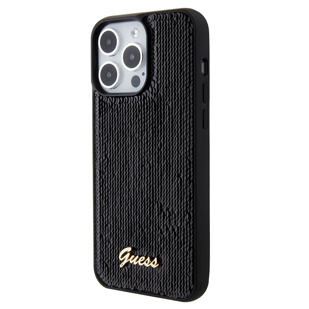 Apple iPhone 15 Pro Max Kılıf Guess Pullu Metal Yazı Logolu Sequin Script Kapak Siyah
