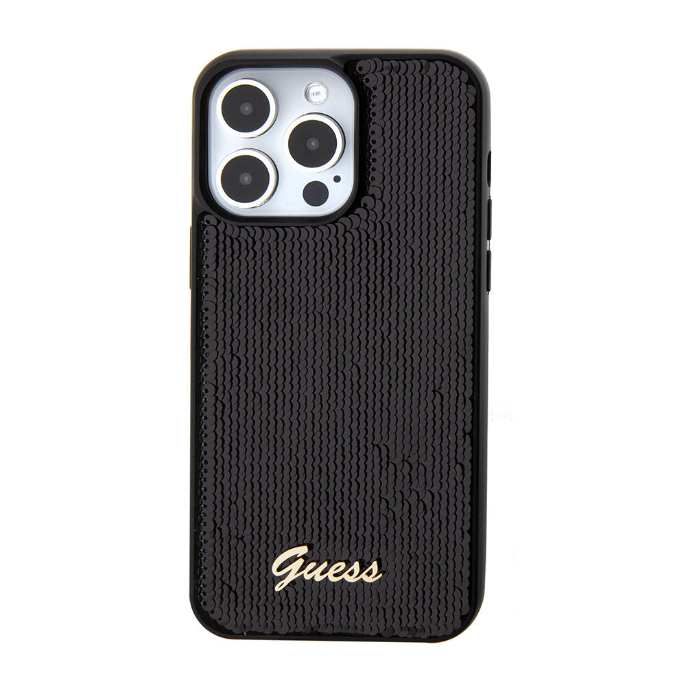 Apple iPhone 15 Pro Max Kılıf Guess Pullu Metal Yazı Logolu Sequin Script Kapak Siyah