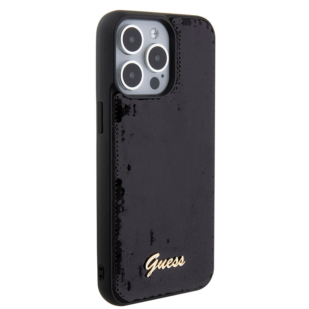 Apple iPhone 15 Pro Max Kılıf Guess Pullu Metal Yazı Logolu Sequin Script Kapak Siyah