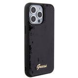 Apple iPhone 15 Pro Max Kılıf Guess Pullu Metal Yazı Logolu Sequin Script Kapak Siyah