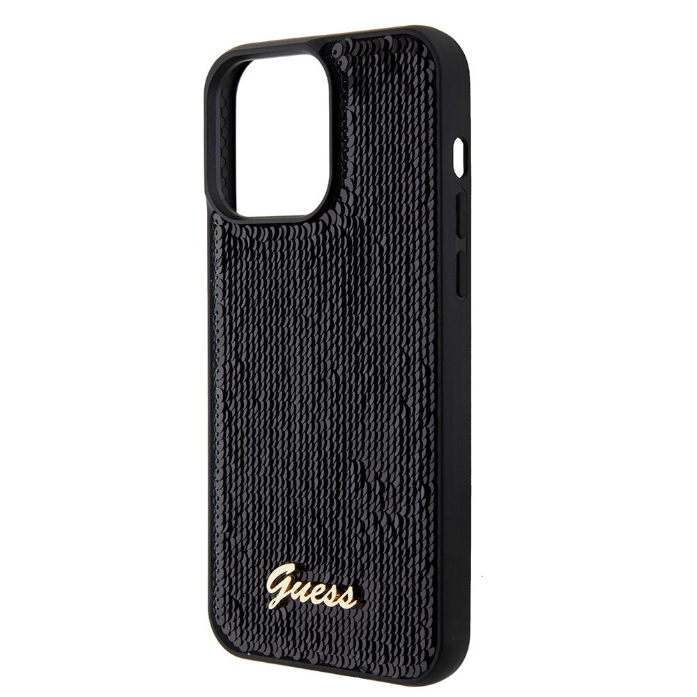 Apple iPhone 15 Pro Max Kılıf Guess Pullu Metal Yazı Logolu Sequin Script Kapak Siyah