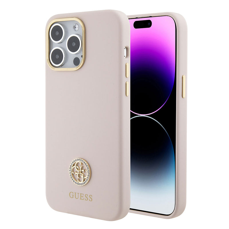 Apple iPhone 15 Pro Max Kılıf Guess Taşlı 4G Logolu Metal Kamera Çerçeveli Kapak Pembe