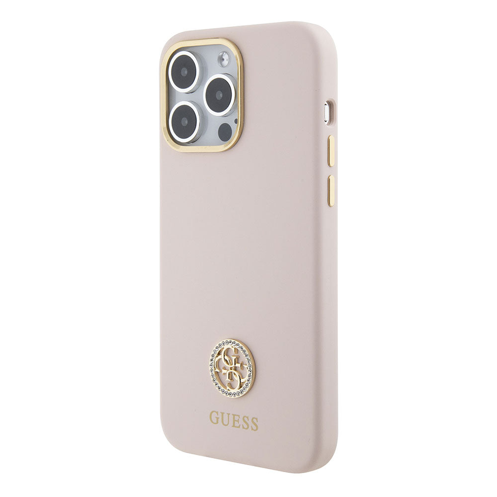 Apple iPhone 15 Pro Max Kılıf Guess Taşlı 4G Logolu Metal Kamera Çerçeveli Kapak Pembe