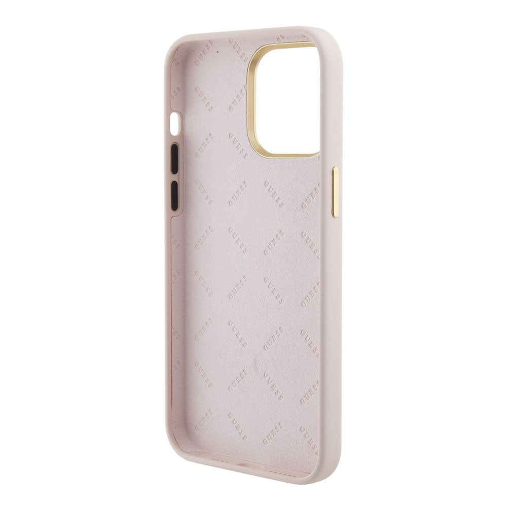 Apple iPhone 15 Pro Max Kılıf Guess Taşlı 4G Logolu Metal Kamera Çerçeveli Kapak Pembe