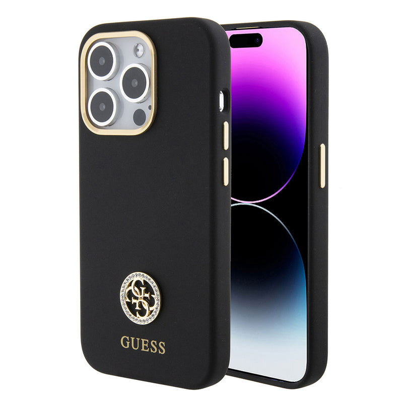 Apple iPhone 15 Pro Kılıf Guess Taşlı 4G Logolu Metal Kamera Çerçeveli Kapak Siyah