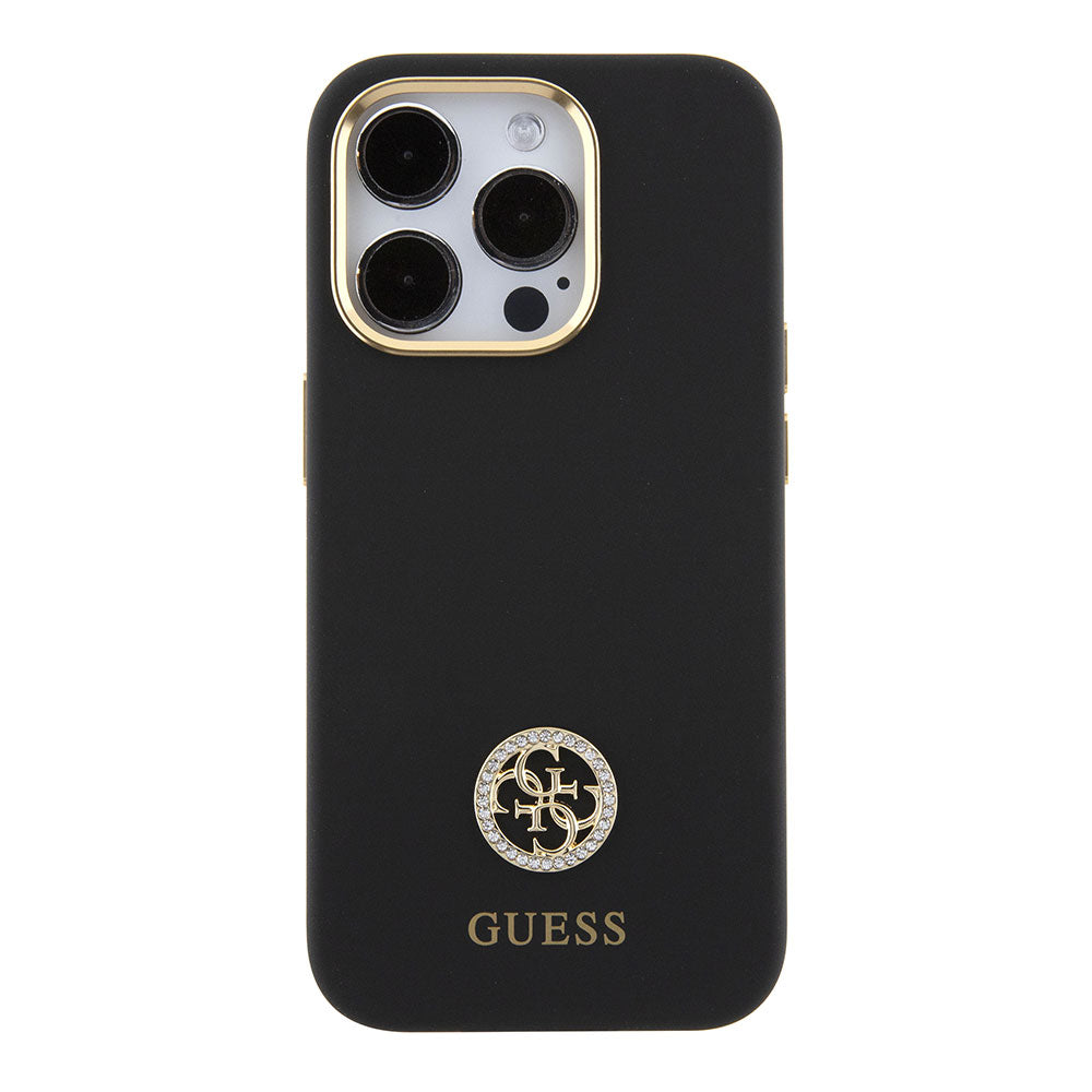 Apple iPhone 15 Pro Kılıf Guess Taşlı 4G Logolu Metal Kamera Çerçeveli Kapak Siyah