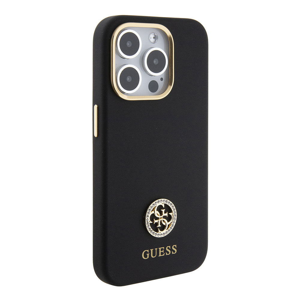 Apple iPhone 15 Pro Kılıf Guess Taşlı 4G Logolu Metal Kamera Çerçeveli Kapak Siyah