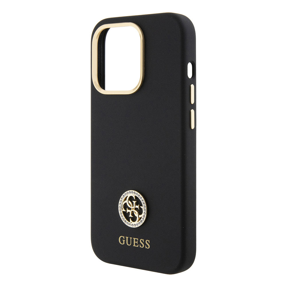 Apple iPhone 15 Pro Kılıf Guess Taşlı 4G Logolu Metal Kamera Çerçeveli Kapak Siyah
