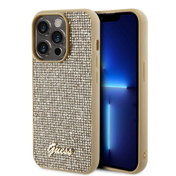 Apple iPhone 15 Pro Kılıf Guess Taşlı Disco Script Metal Logolu Kapak Gold
