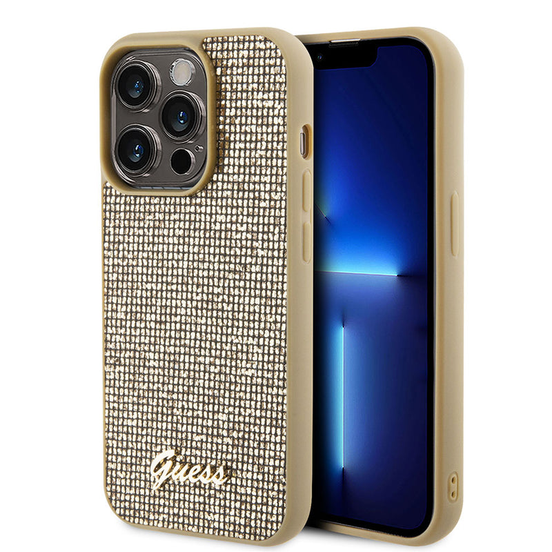 Apple iPhone 15 Pro Max Kılıf Guess Taşlı Disco Script Metal Logolu Kapak Gold