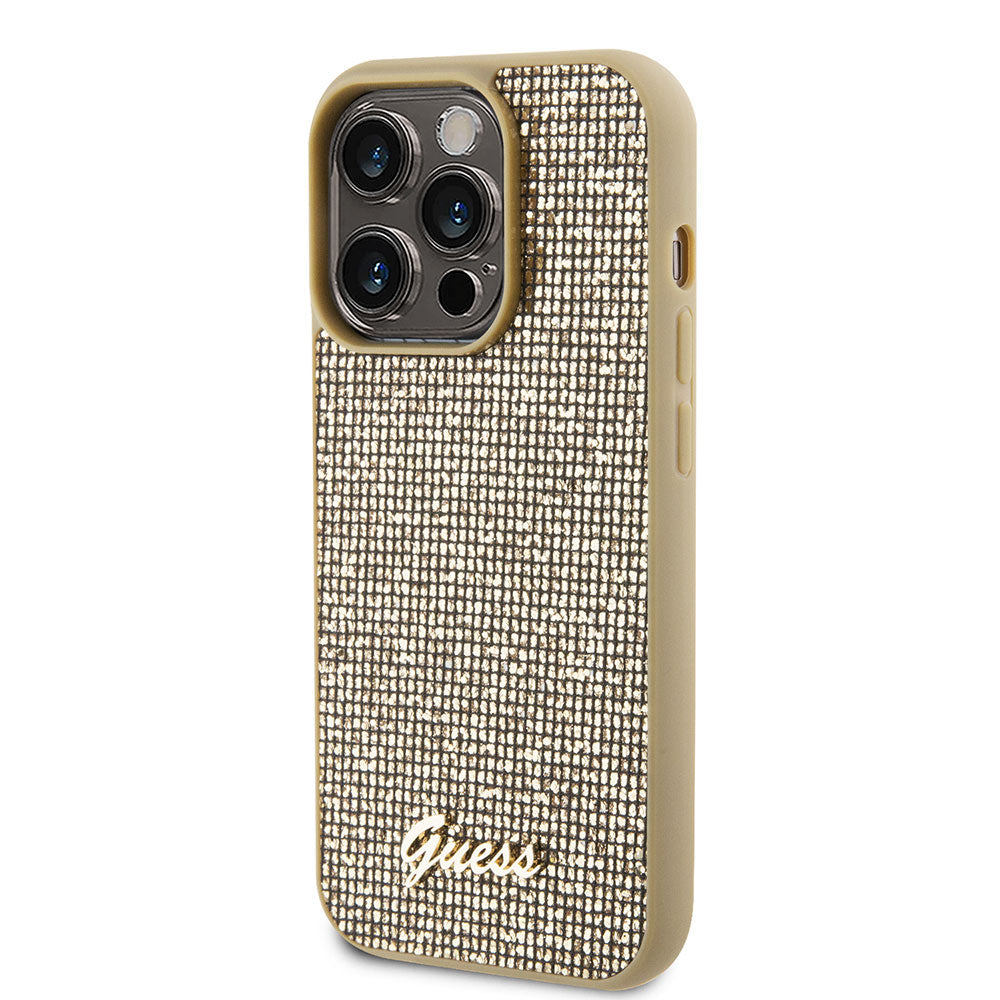 Apple iPhone 15 Pro Max Kılıf Guess Taşlı Disco Script Metal Logolu Kapak Gold