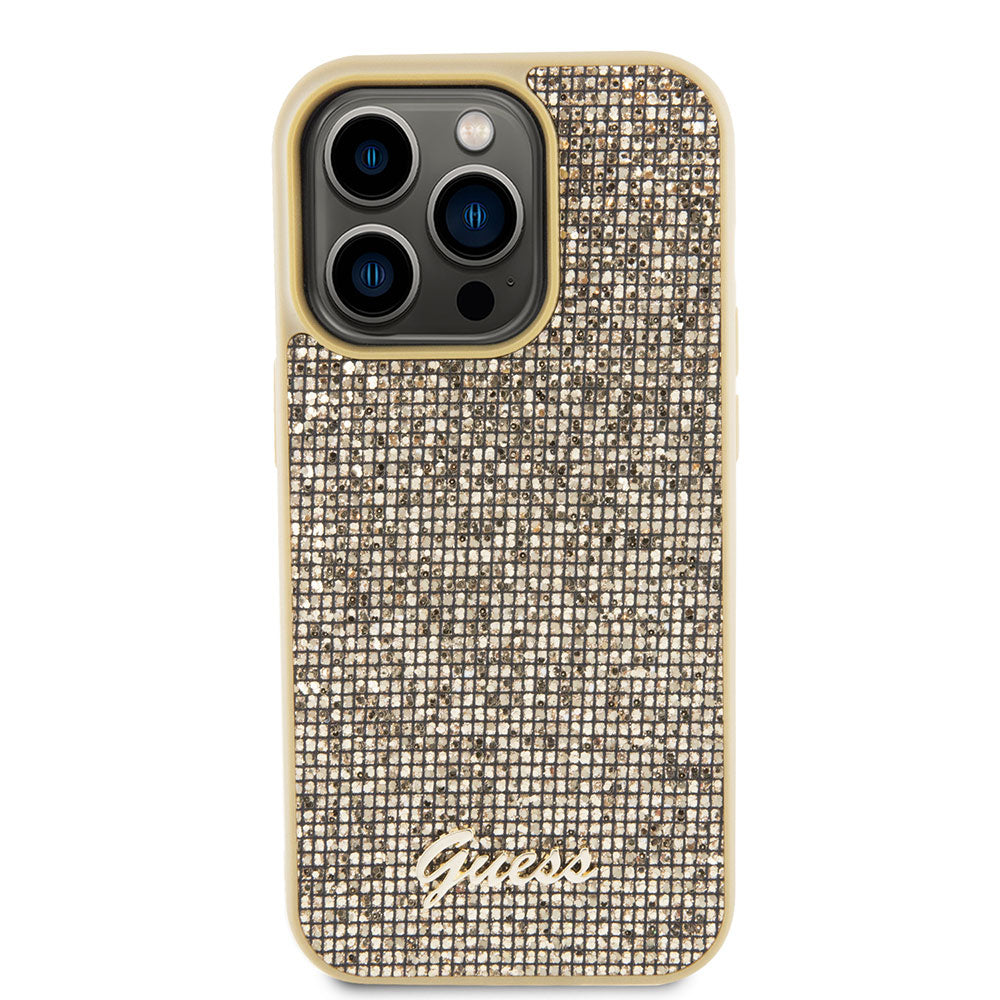 Apple iPhone 15 Pro Kılıf Guess Taşlı Disco Script Metal Logolu Kapak Gold