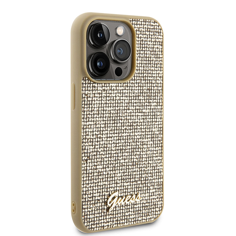 Apple iPhone 15 Pro Kılıf Guess Taşlı Disco Script Metal Logolu Kapak Gold