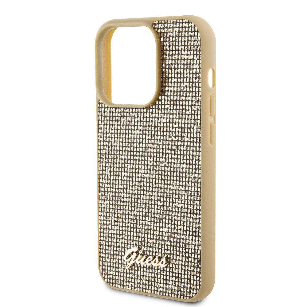 Apple iPhone 15 Pro Kılıf Guess Taşlı Disco Script Metal Logolu Kapak Gold