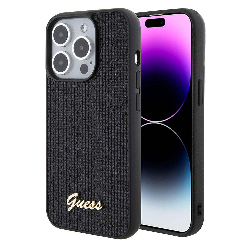 Apple iPhone 15 Pro Kılıf Guess Taşlı Disco Script Metal Logolu Kapak Siyah