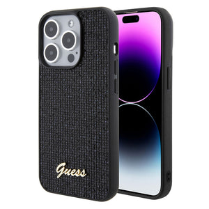 Apple iPhone 15 Pro Kılıf Guess Taşlı Disco Script Metal Logolu Kapak Siyah