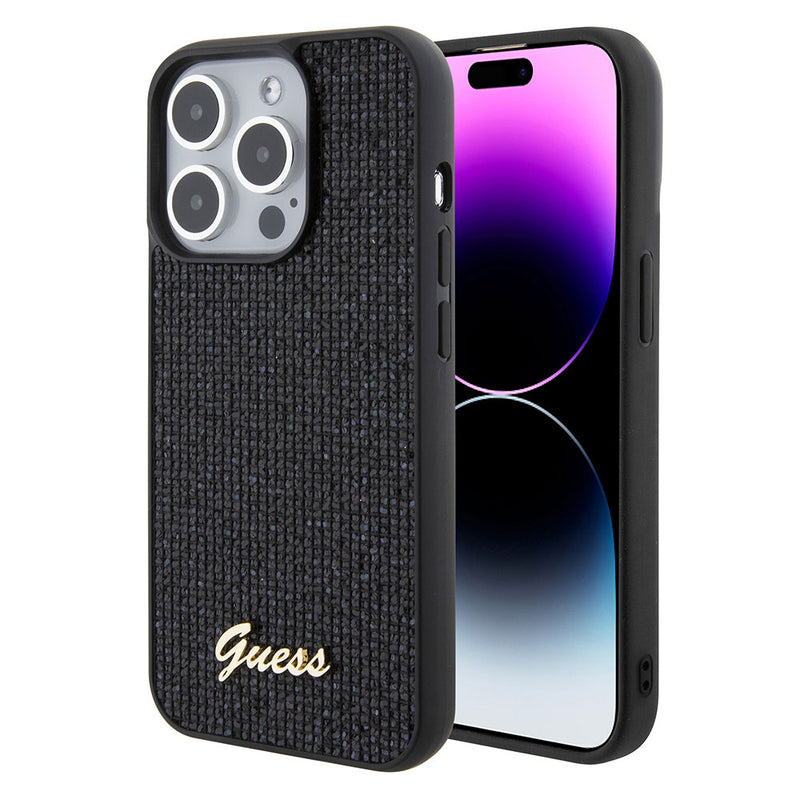 Apple iPhone 15 Pro Kılıf Guess Taşlı Disco Script Metal Logolu Kapak Siyah
