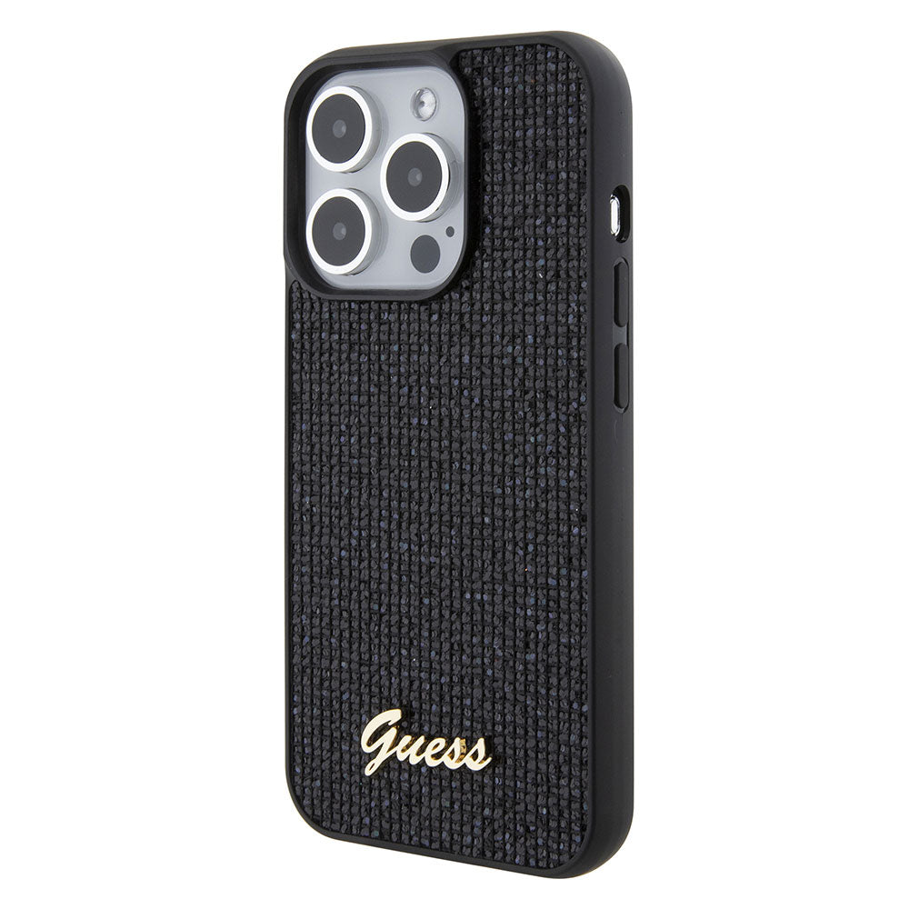 Apple iPhone 15 Pro Kılıf Guess Taşlı Disco Script Metal Logolu Kapak Siyah