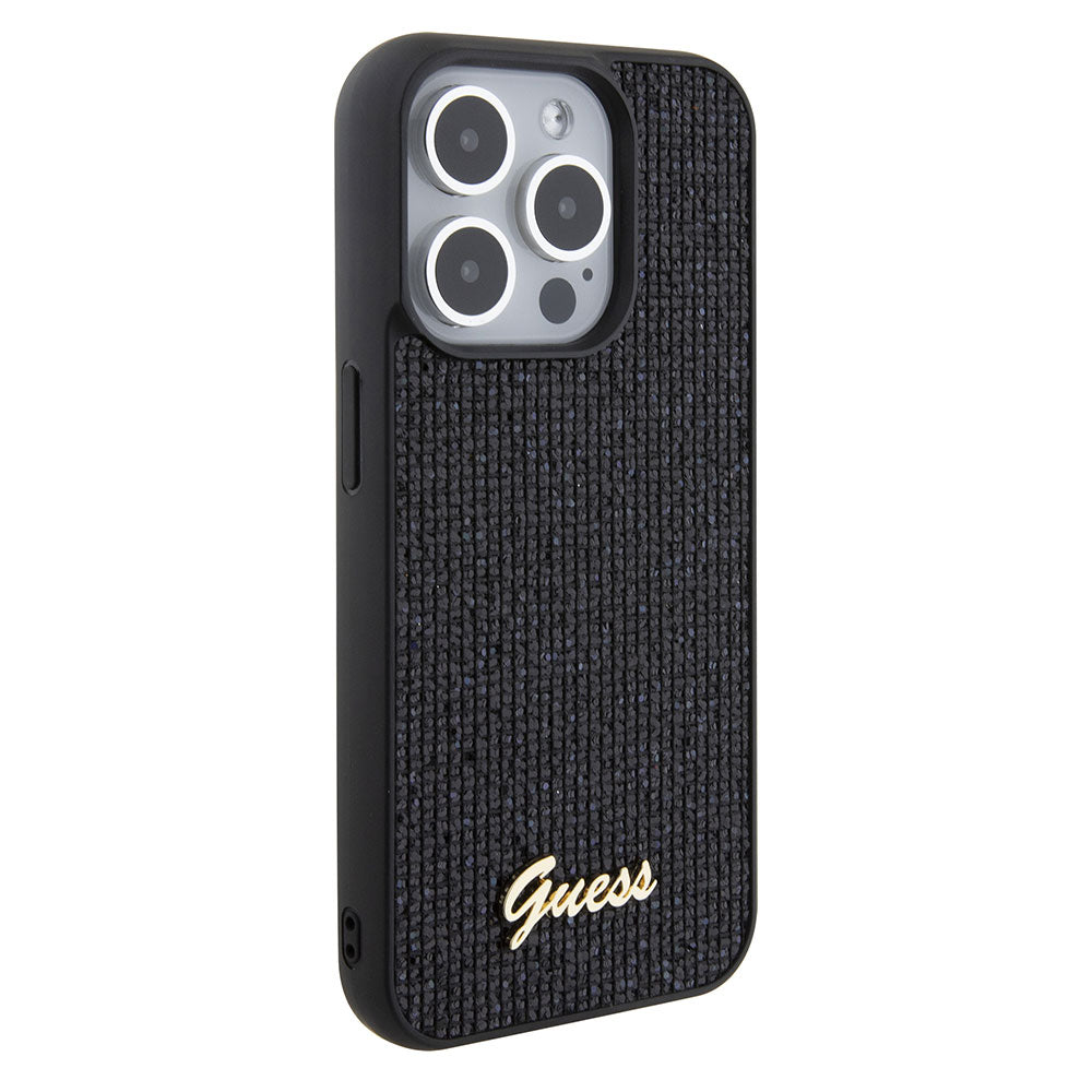 Apple iPhone 15 Pro Kılıf Guess Taşlı Disco Script Metal Logolu Kapak Siyah