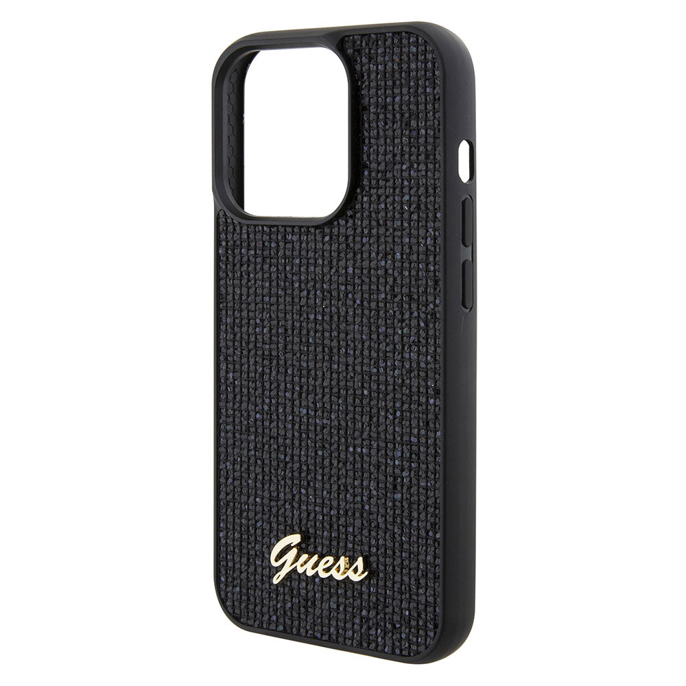 Apple iPhone 15 Pro Kılıf Guess Taşlı Disco Script Metal Logolu Kapak Siyah