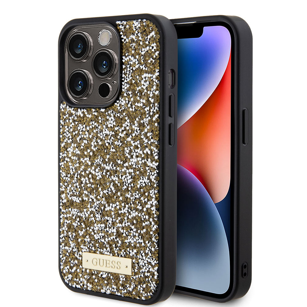 Apple iPhone 15 Pro Max Kılıf Guess Taşlı Metal Logolu Kapak Gold