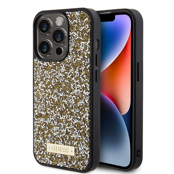 Apple iPhone 15 Pro Max Kılıf Guess Taşlı Metal Logolu Kapak Gold