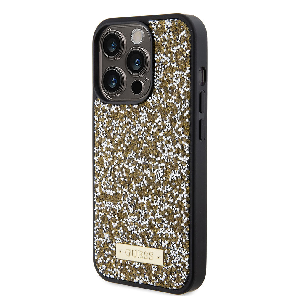 Apple iPhone 15 Pro Max Kılıf Guess Taşlı Metal Logolu Kapak Gold