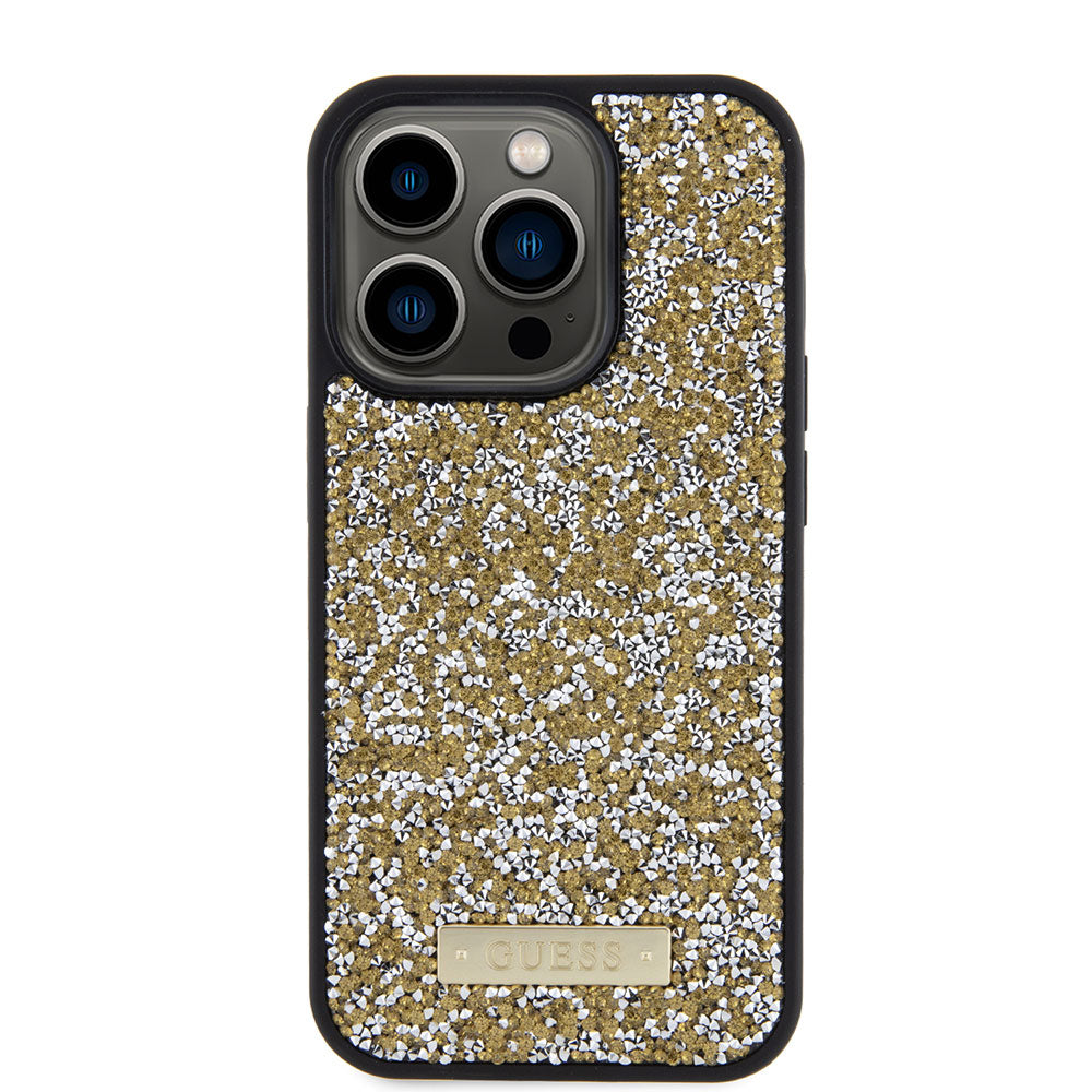 Apple iPhone 15 Pro Max Kılıf Guess Taşlı Metal Logolu Kapak Gold