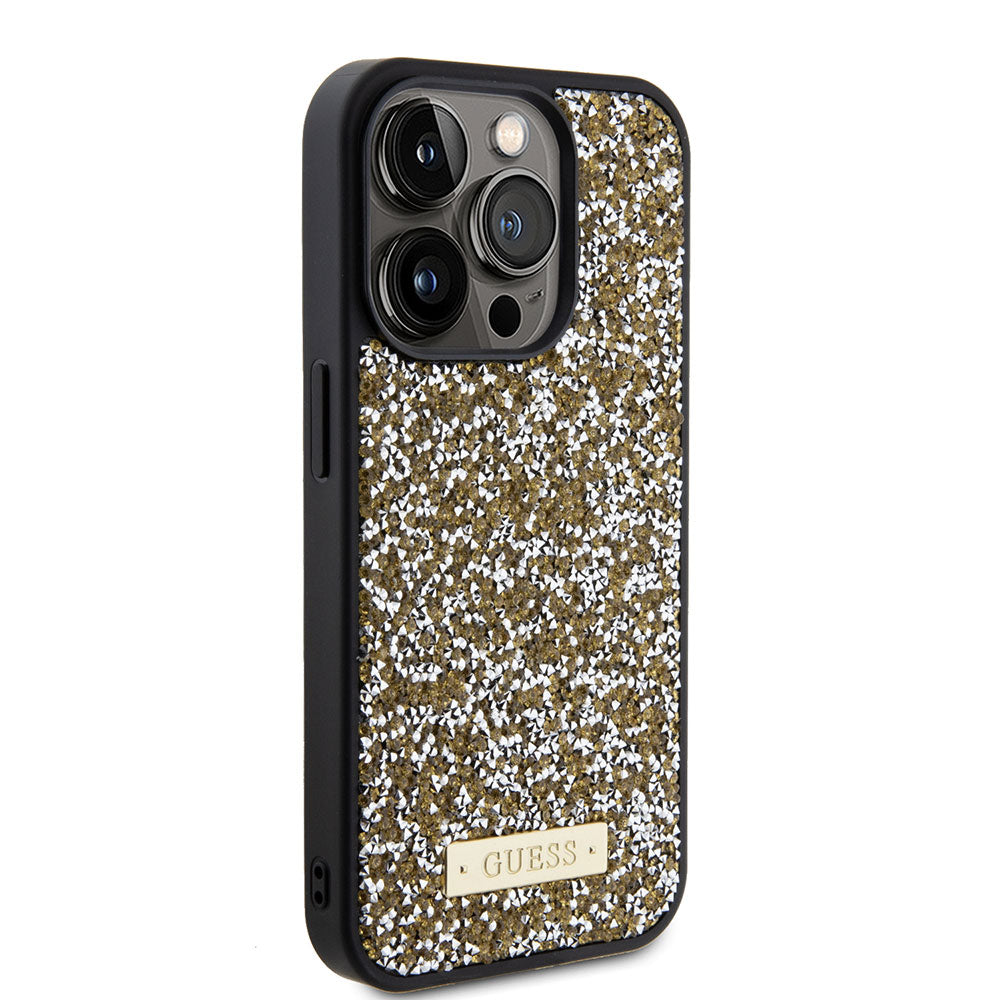 Apple iPhone 15 Pro Max Kılıf Guess Taşlı Metal Logolu Kapak Gold