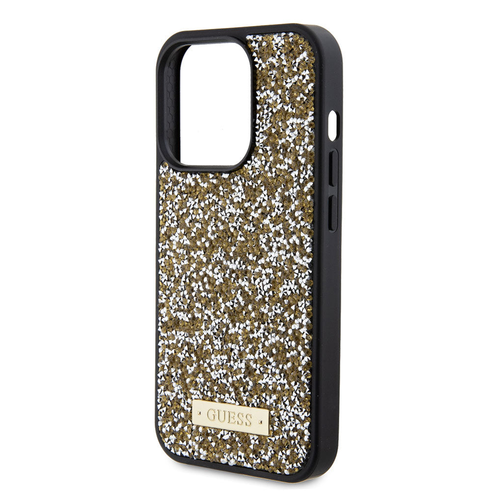 Apple iPhone 15 Pro Max Kılıf Guess Taşlı Metal Logolu Kapak Gold