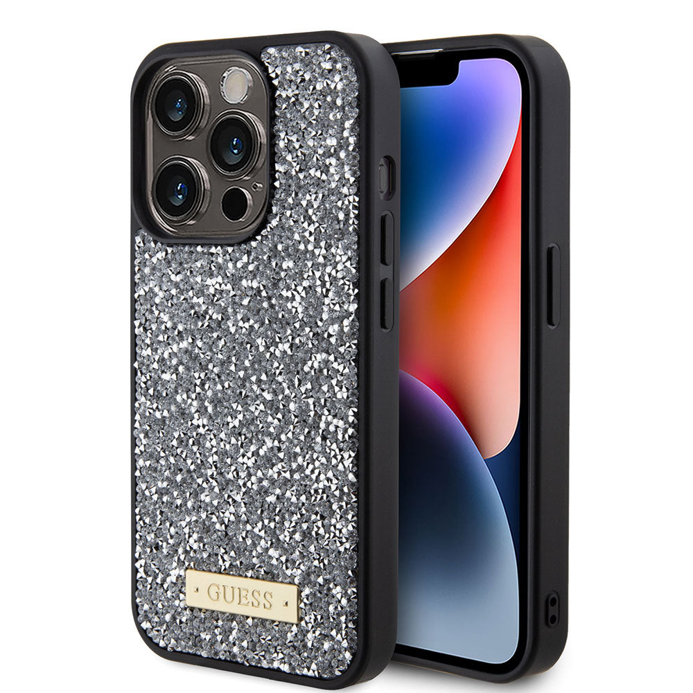 Apple iPhone 15 Pro Max Kılıf Guess Taşlı Metal Logolu Kapak Gümüş
