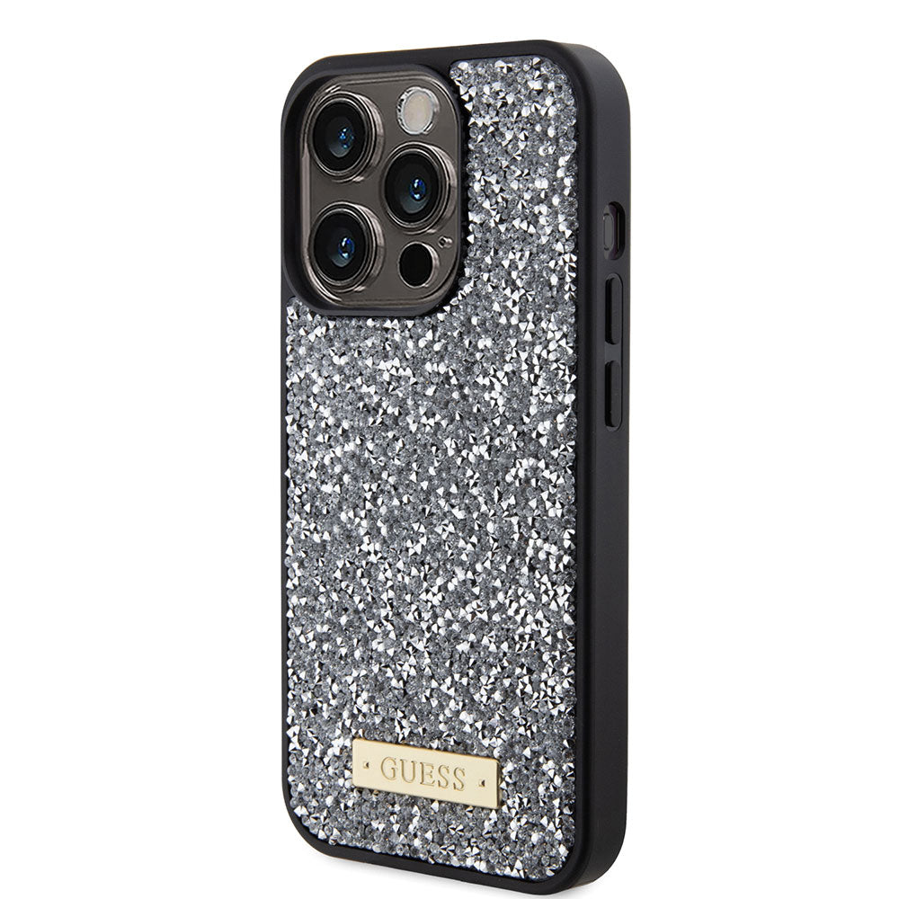 Apple iPhone 15 Pro Max Kılıf Guess Taşlı Metal Logolu Kapak Gümüş