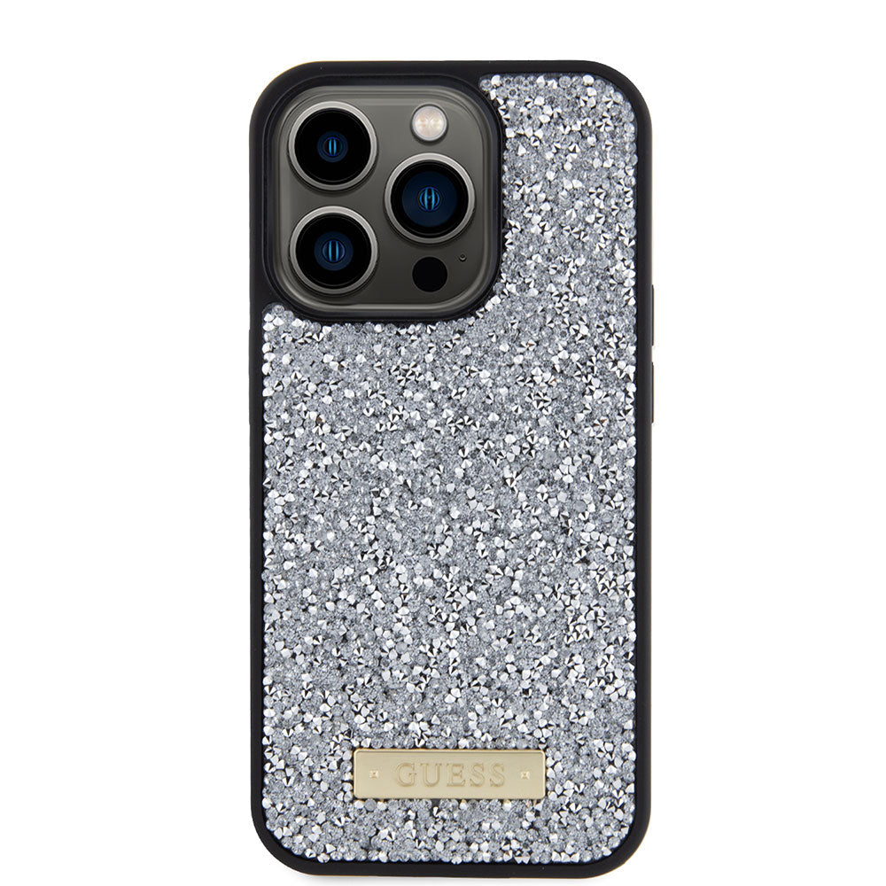 Apple iPhone 15 Pro Max Kılıf Guess Taşlı Metal Logolu Kapak Gümüş