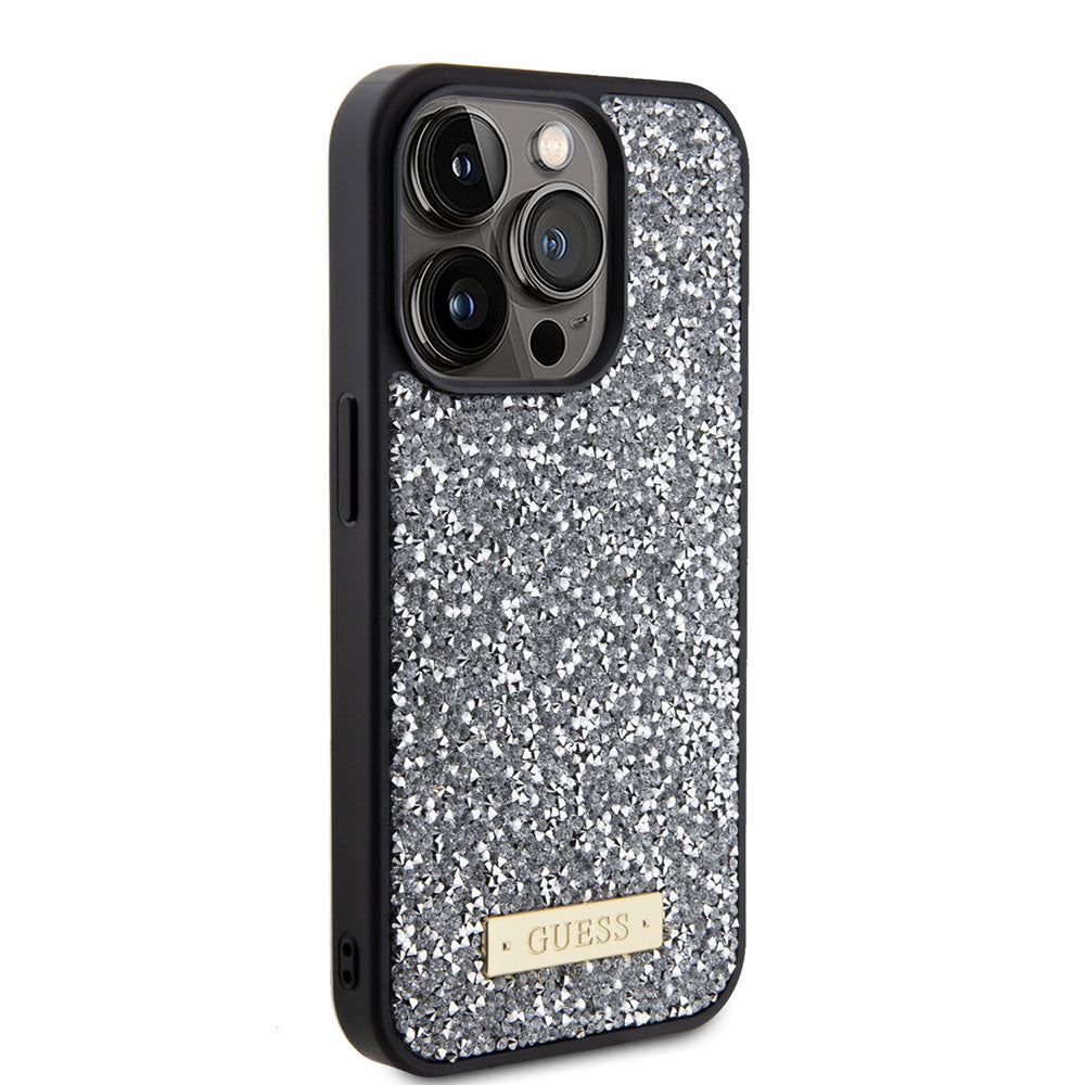 Apple iPhone 15 Pro Max Kılıf Guess Taşlı Metal Logolu Kapak Gümüş