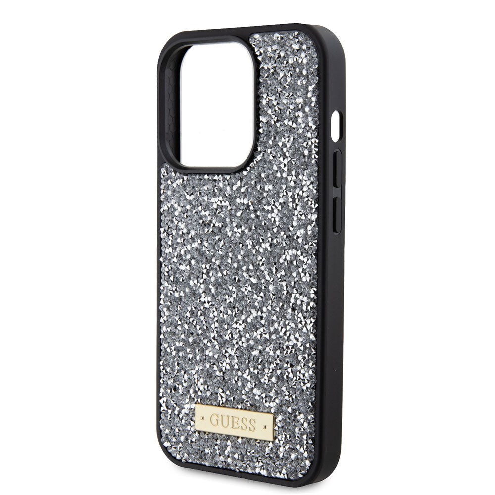 Apple iPhone 15 Pro Max Kılıf Guess Taşlı Metal Logolu Kapak Gümüş