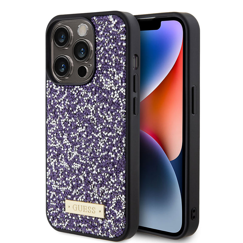 Apple iPhone 15 Pro Kılıf Guess Taşlı Metal Logolu Kapak Mor