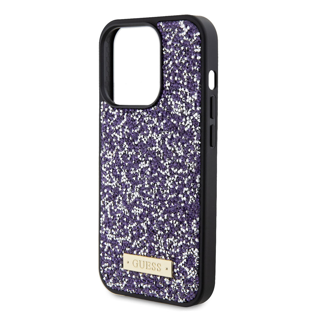 Apple iPhone 15 Pro Kılıf Guess Taşlı Metal Logolu Kapak Mor