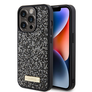 Apple iPhone 15 Pro Kılıf Guess Taşlı Metal Logolu Kapak Siyah