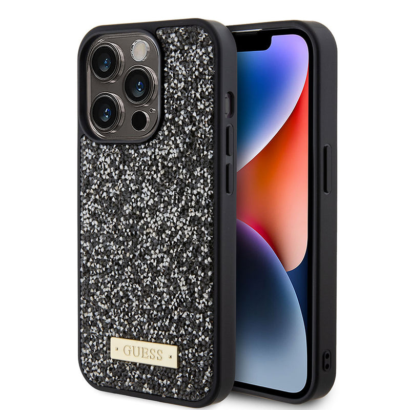 Apple iPhone 15 Pro Kılıf Guess Taşlı Metal Logolu Kapak Siyah