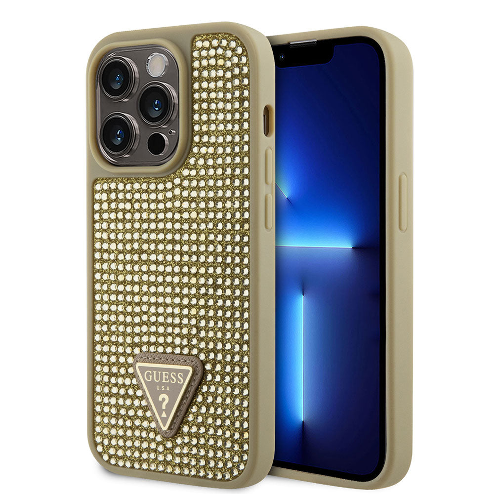 Apple iPhone 15 Pro Kılıf Guess Taşlı Üçgen Logolu Kapak Gold